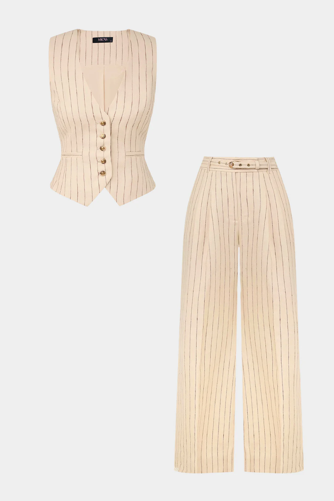 Stripes Print Linen Patchwork V-Neck Button Vest And Belted Wide Leg Pants Set - Flockneti