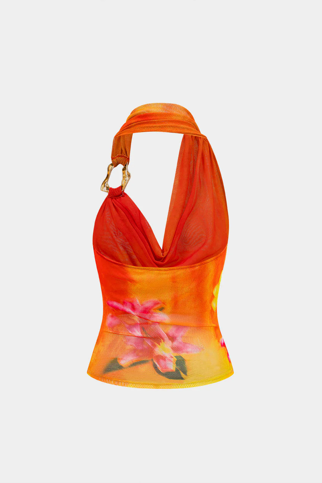 Floral Print Mesh Asymmetrical Ruched Cami Top - Flockneti