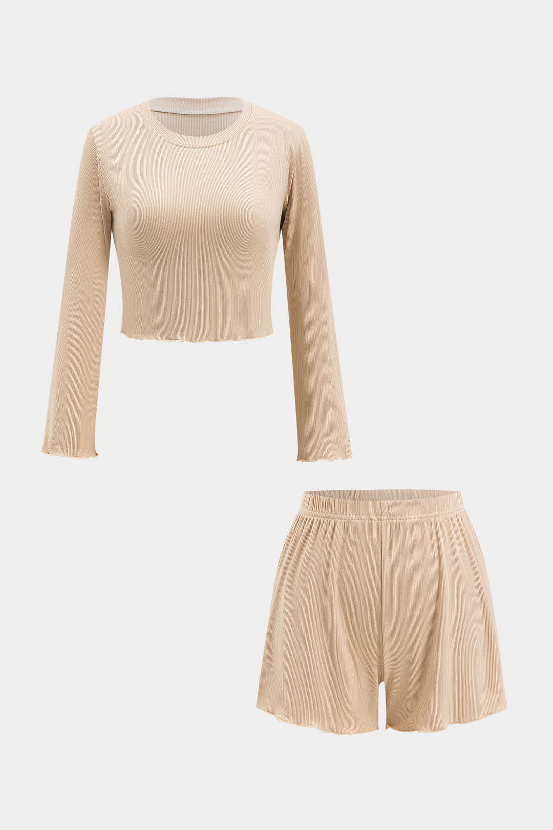 Solid Round Neck Long Sleeve Top And Shorts Set - Flockneti