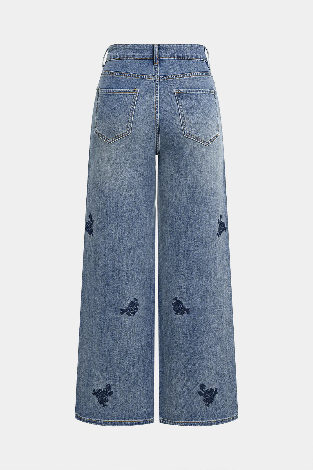 Denim Floral Embroidery High Waist Straight Leg Jeans - Flockneti