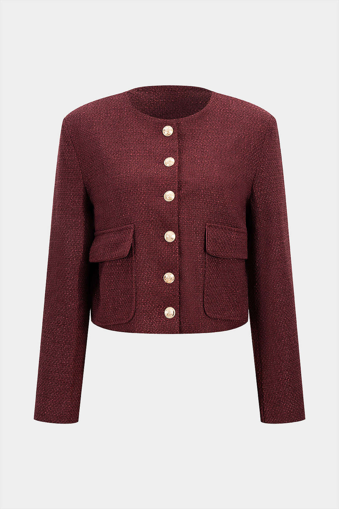 Tweed Round Neck Metallic Button Pocket Top - Flockneti