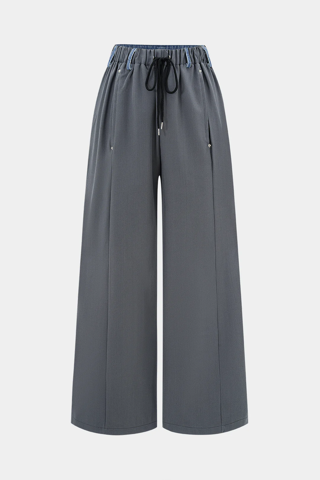 Shirred Patchwork Tie-Up Wide Leg Trousers - Flockneti