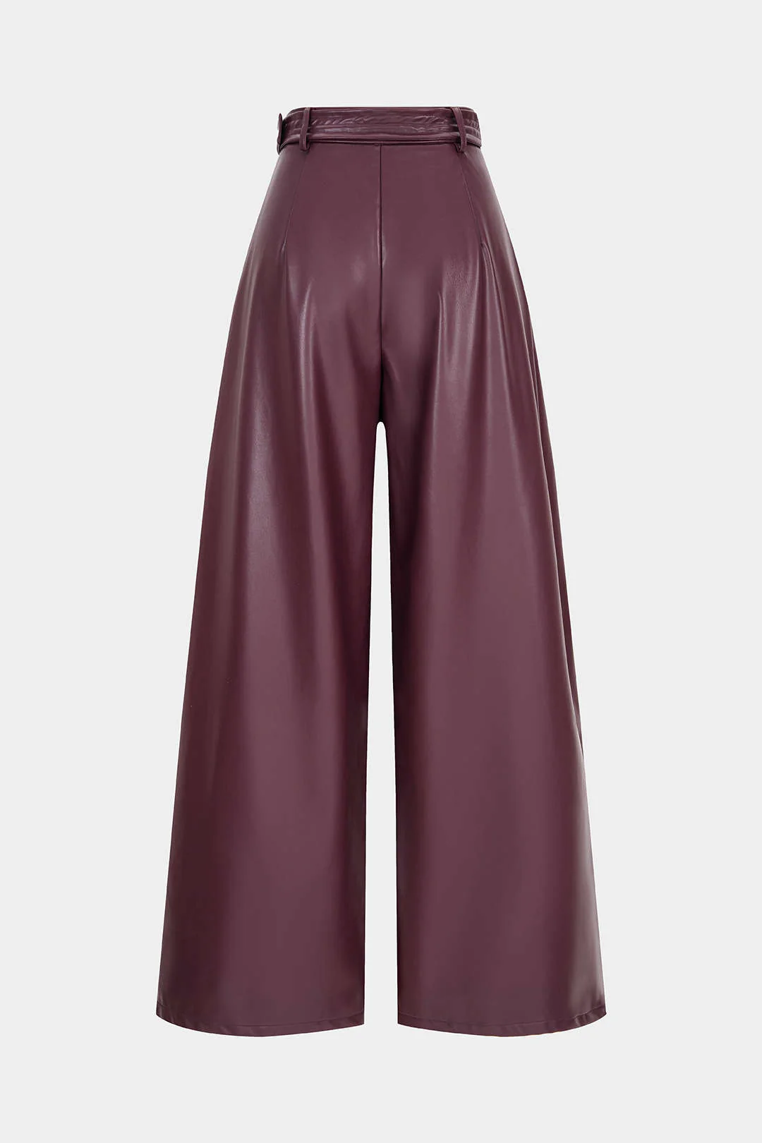 Faux Leather Belted Ruched Wide Leg Pants - Flockneti