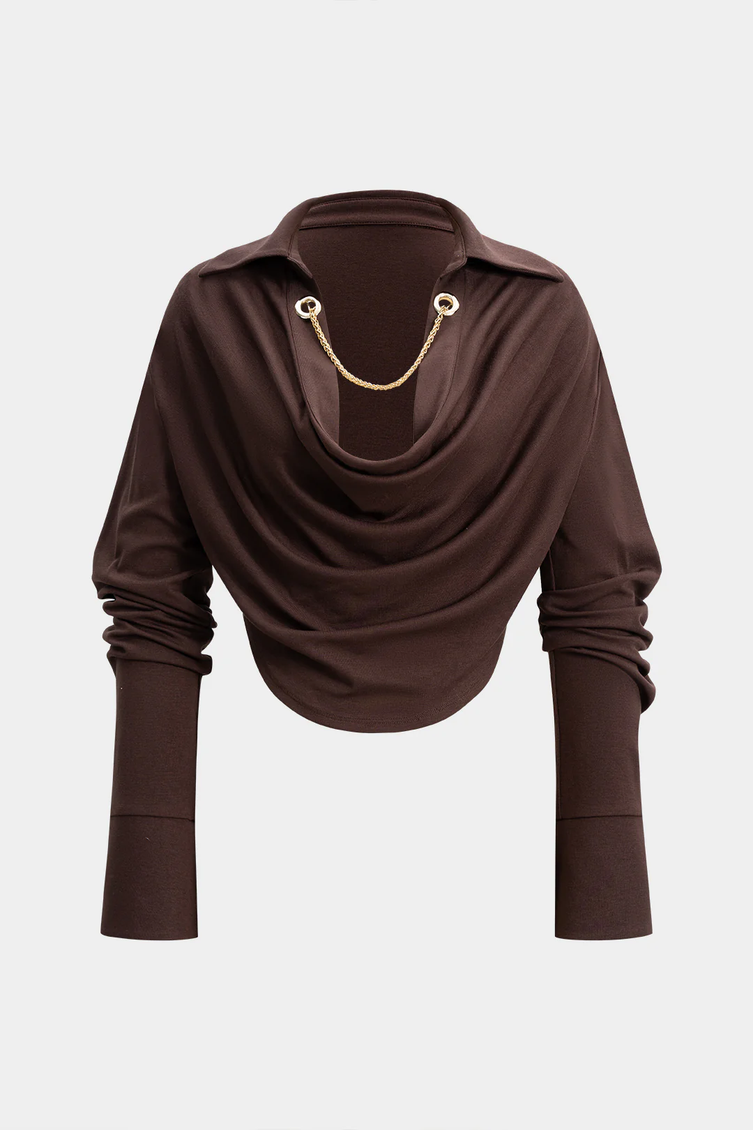 Metallic Chain Draped Cowl Neck Long-Sleeve Top - Flockneti
