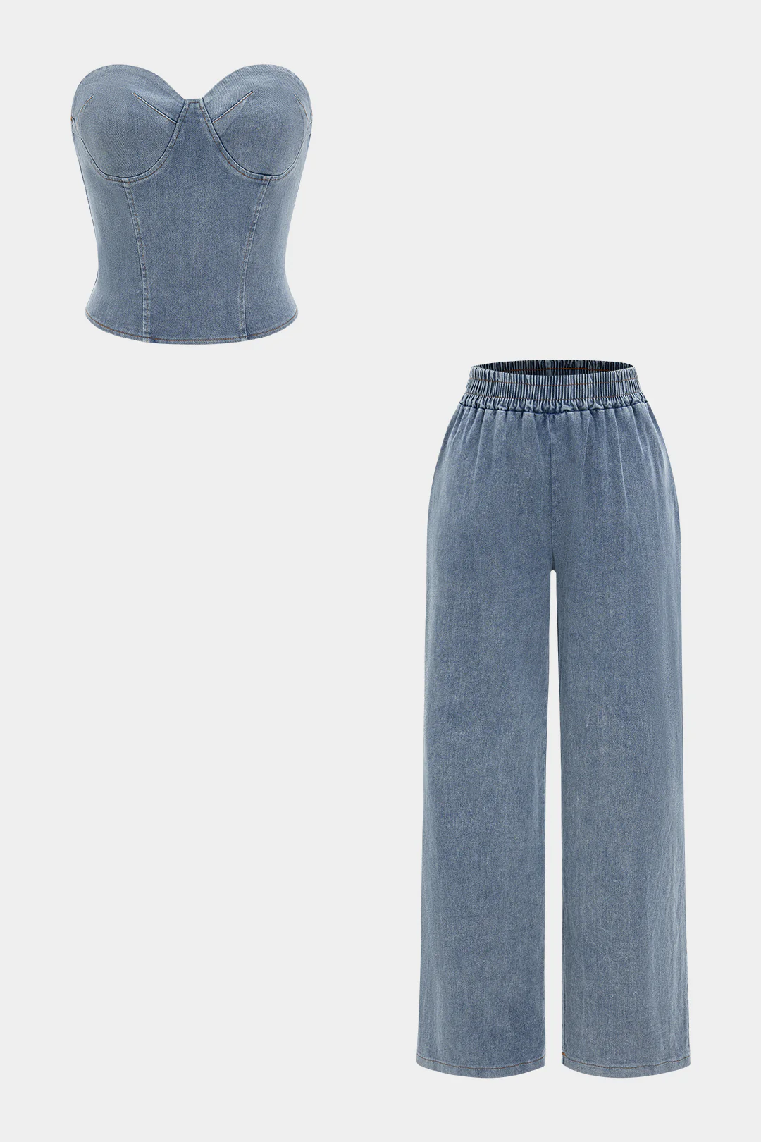 Denim Zipper Tube Top And Jeans Set - Flockneti