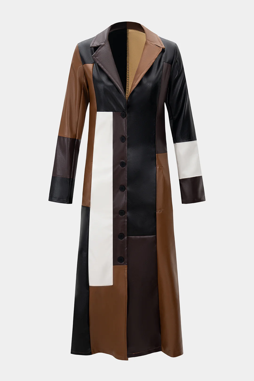 Faux Leather Contrast Notched Lapell Coat - Flockneti
