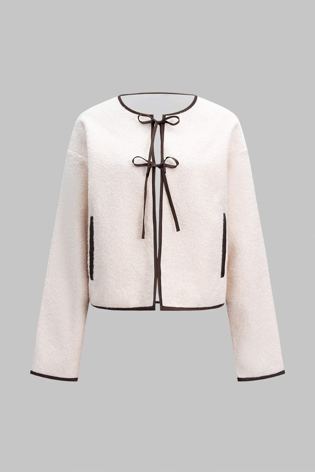 Round Neck Bow Tie-Up Coat - Flockneti