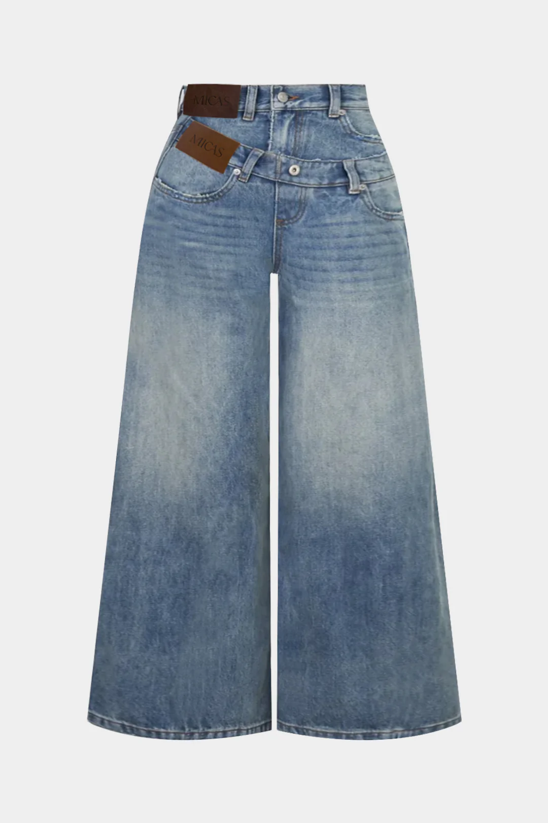 Plus Size Denim Asymmetrical Double Waistband Jeans - Flockneti