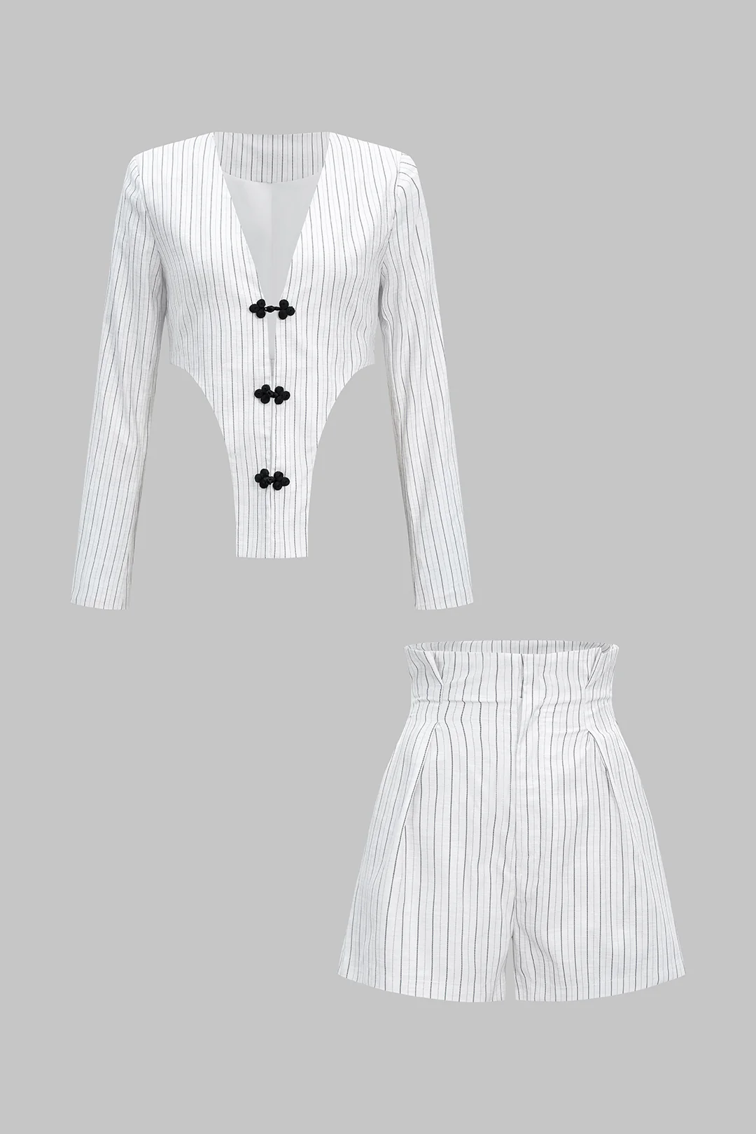 Stripes Deep V-Neck Long Sleeve Top And High Waist Shorts Set - Flockneti