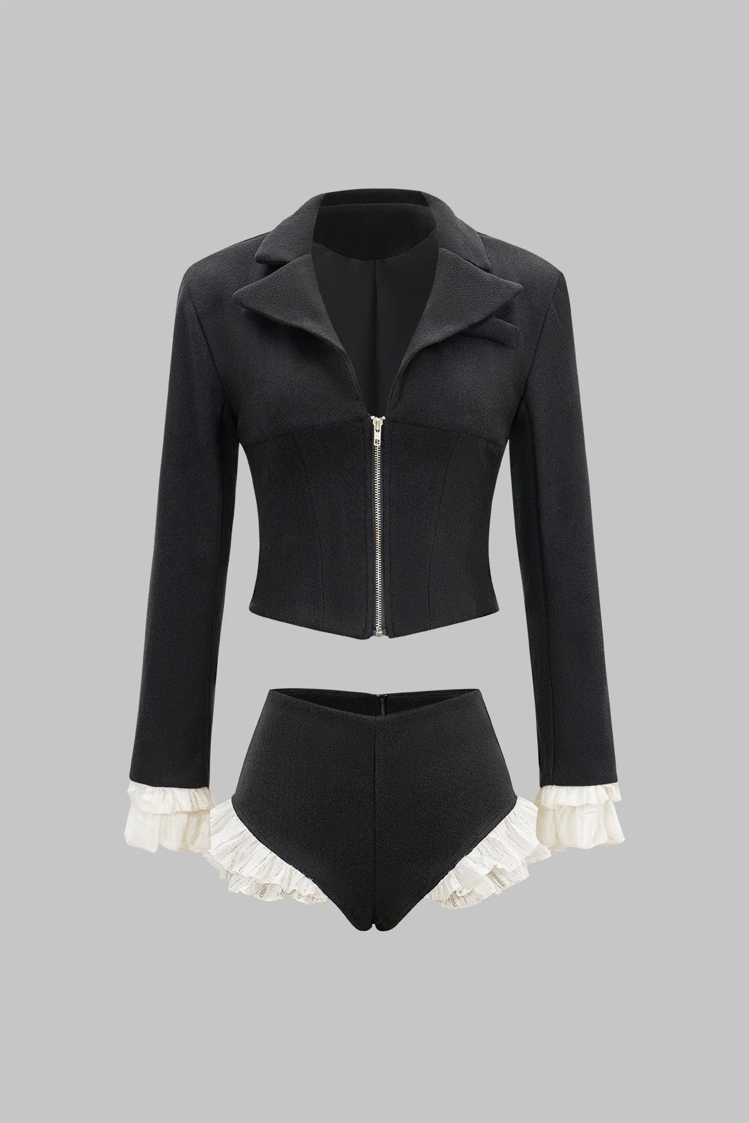 Woolen Patchwork Zipper Collar Top And Scallop Edge Shorts Set - Flockneti