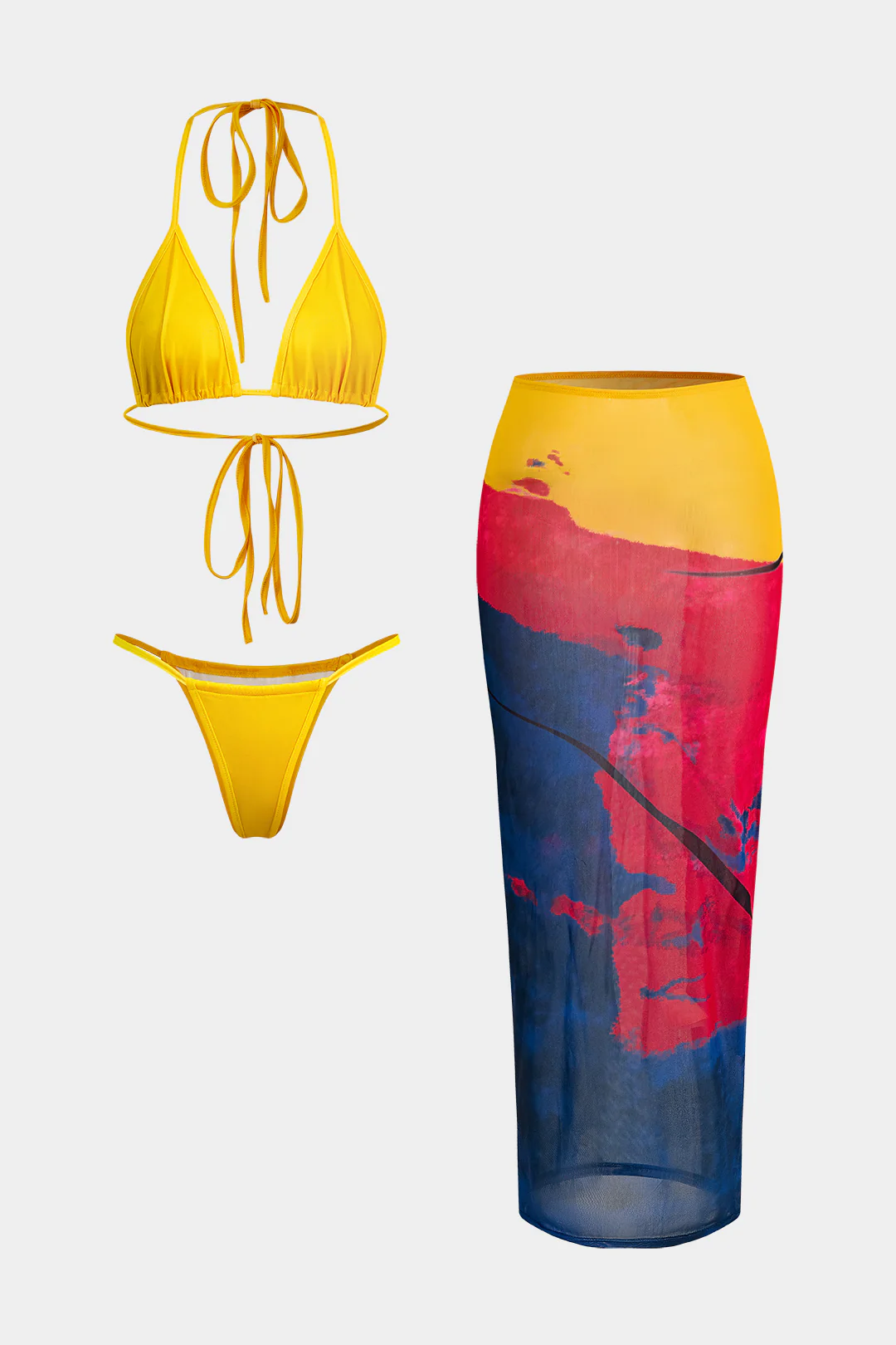 Halter Wrap Cover Up Three-Piece Bikini Set - Flockneti