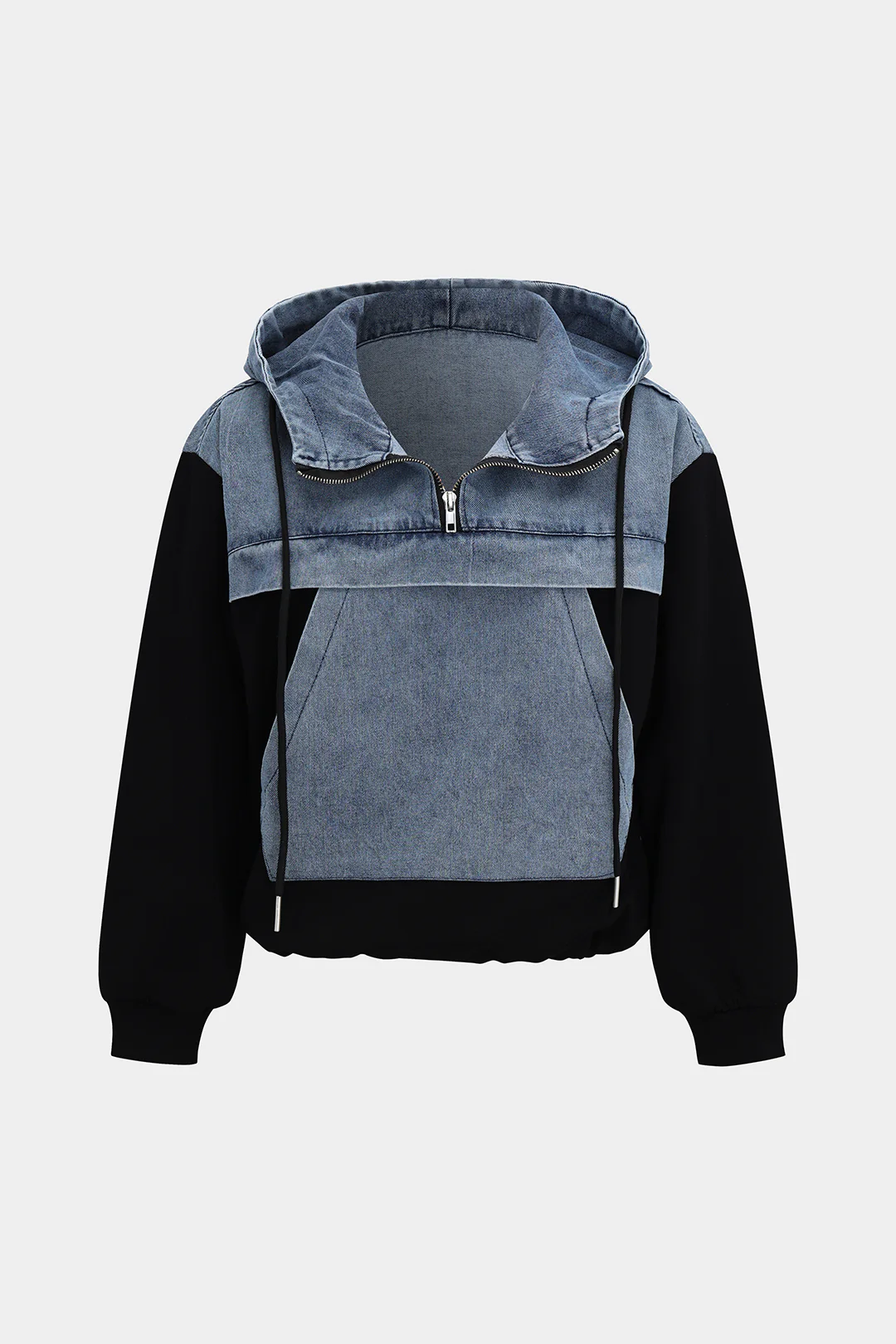 Denim Patchwork Long-Sleeve Hoodie - Flockneti