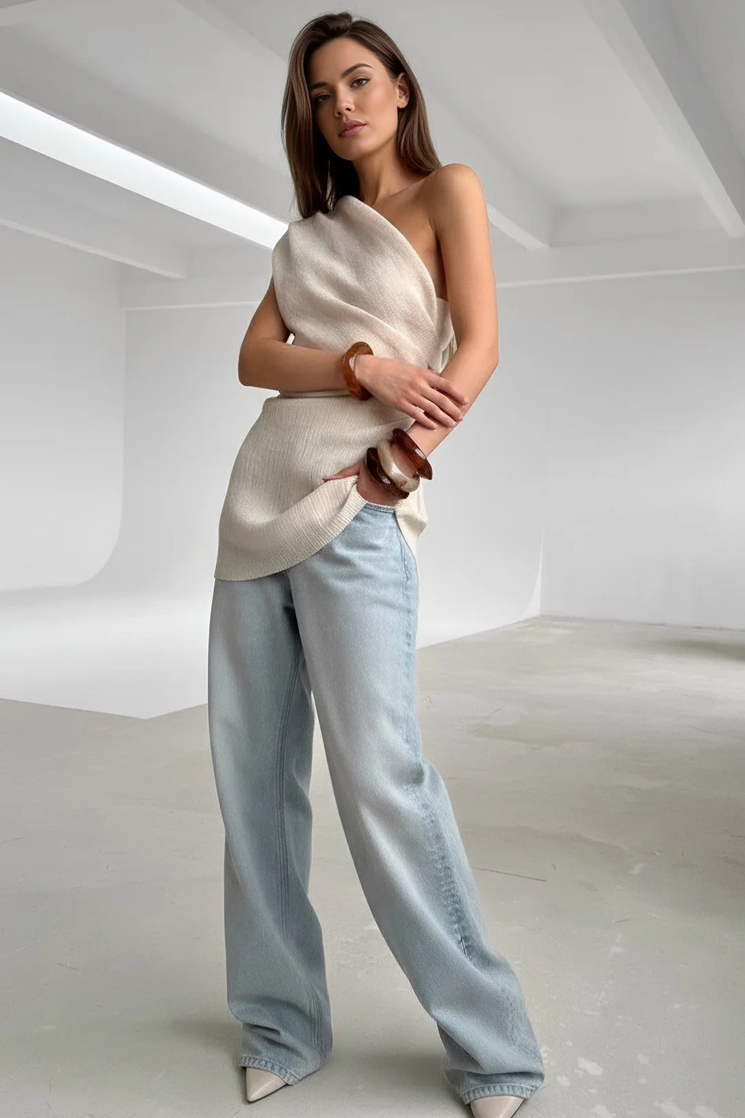 Knit One Shoulder Ruched Tank Top - Flockneti