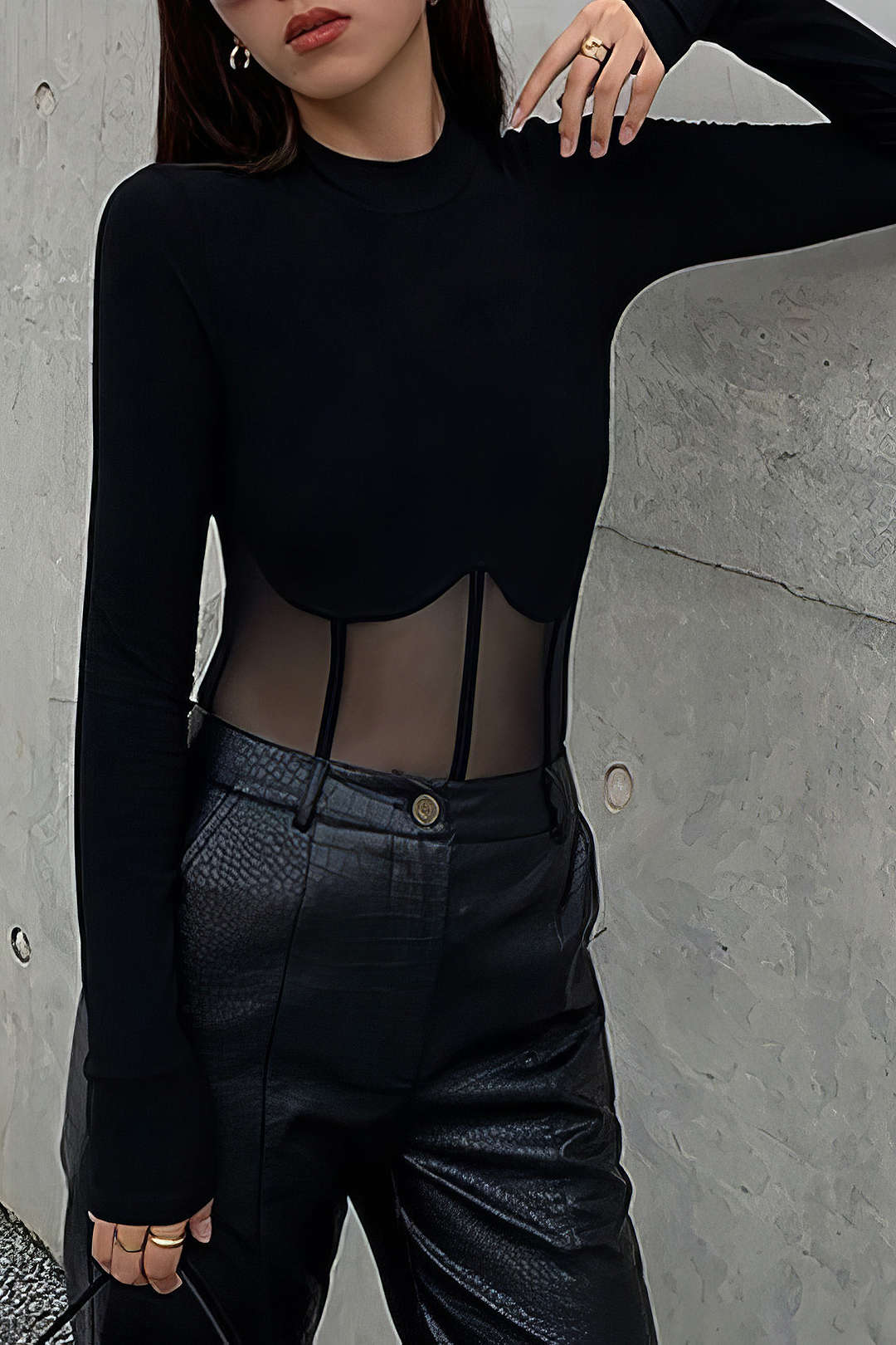 Mesh Patchwork Corset Round Neck Long-Sleeve Top - Flockneti