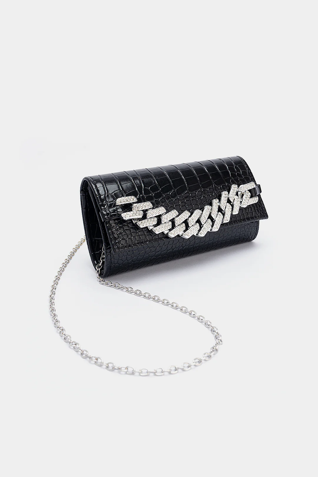 Croc Print Faux Leather Rhinestone Decor Meatllic Chain Cross-Body Bag - Flockneti