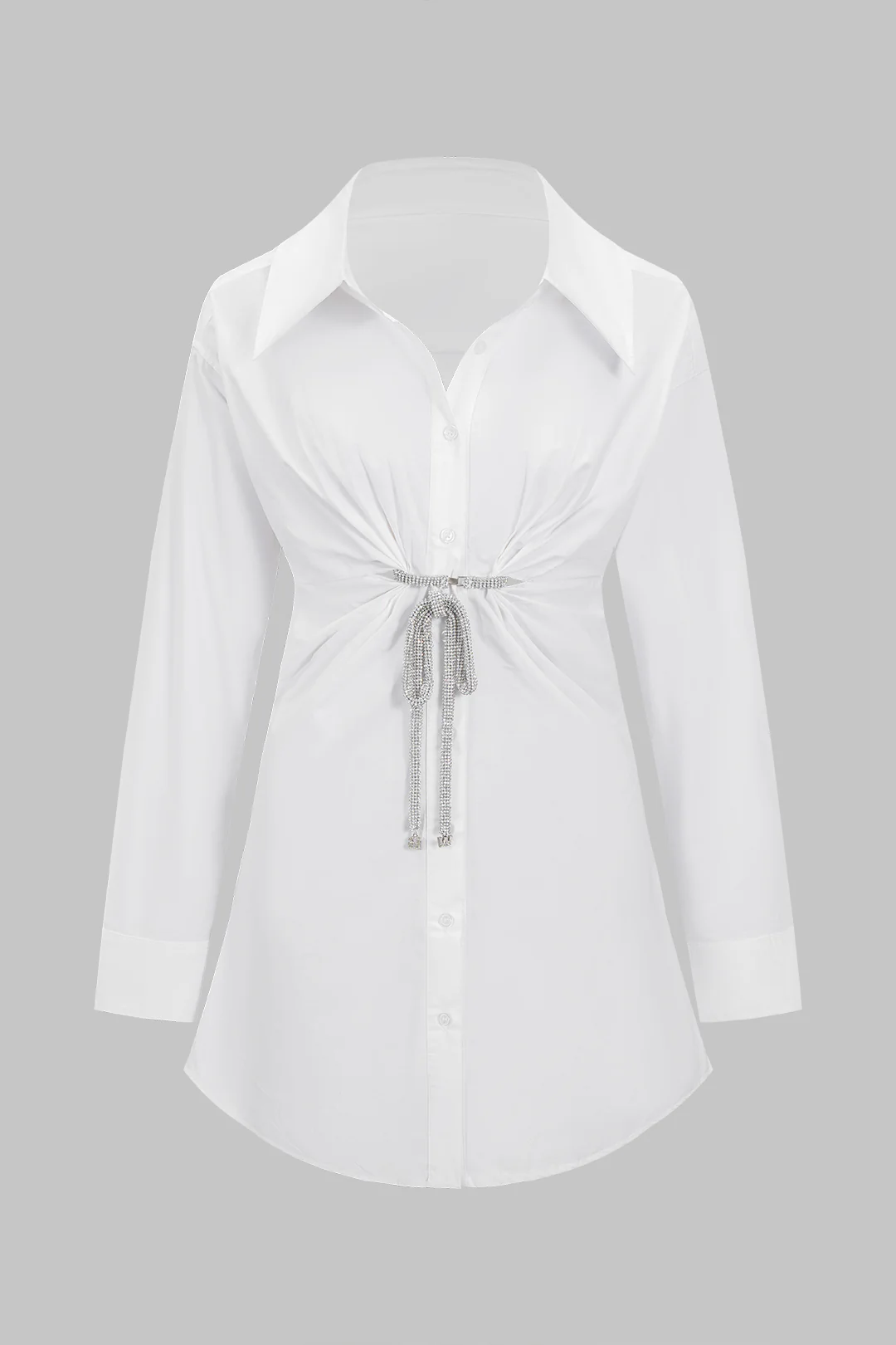Solid Metallic Decor Button Long Sleeve Mini Dress - Flockneti
