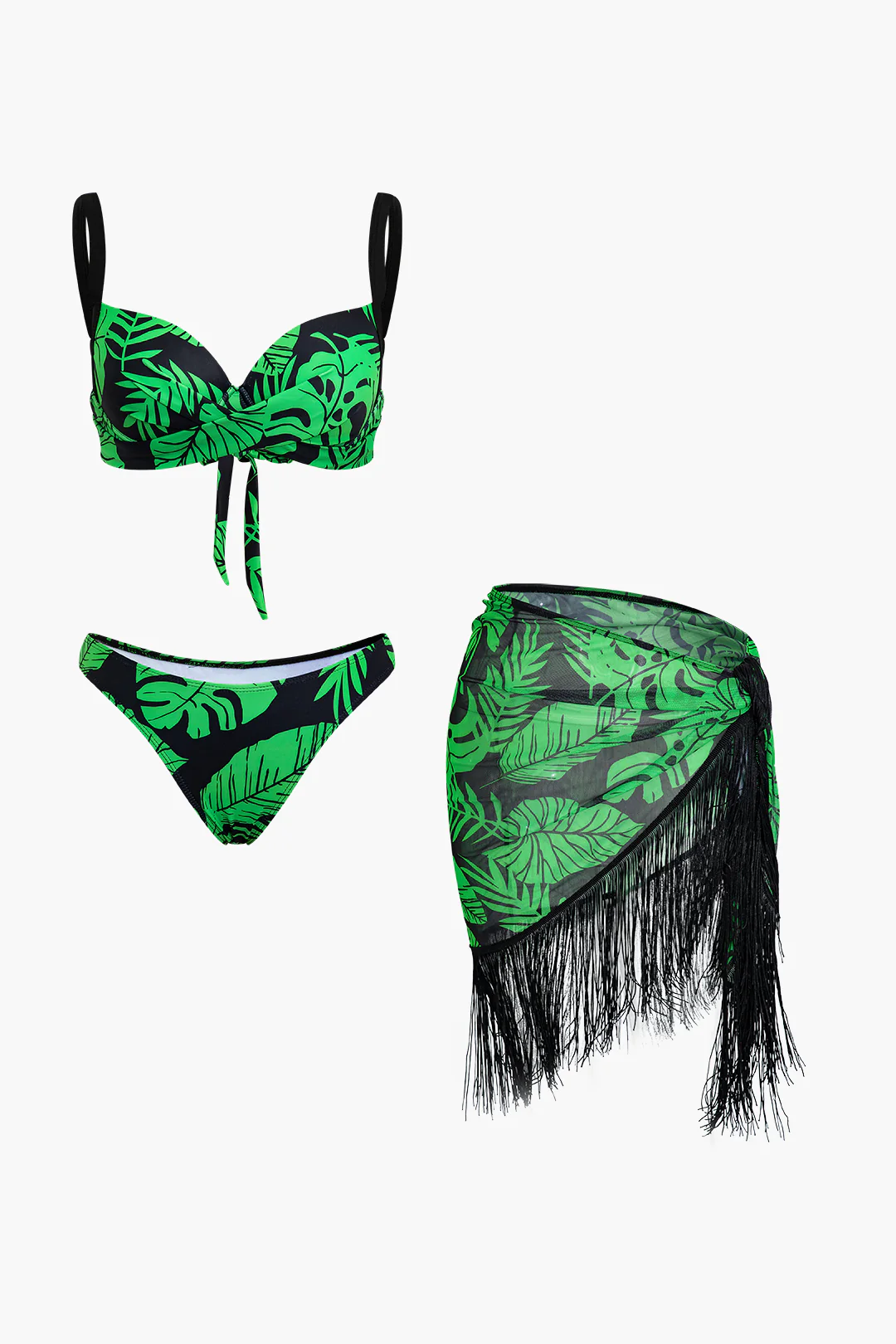 3PC Palm Leaf Print Tie Up Fringe Bikini Set - Flockneti
