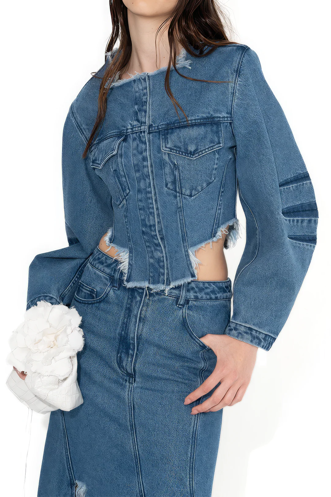 Denim Patchwork Button Round Neck Pocket Outerwear - Flockneti