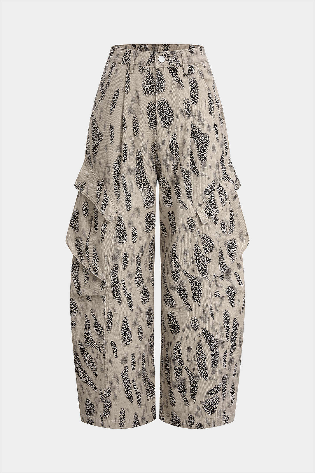 Denim Leopard Print Pleated Zipper Wide Leg Jeans - Flockneti