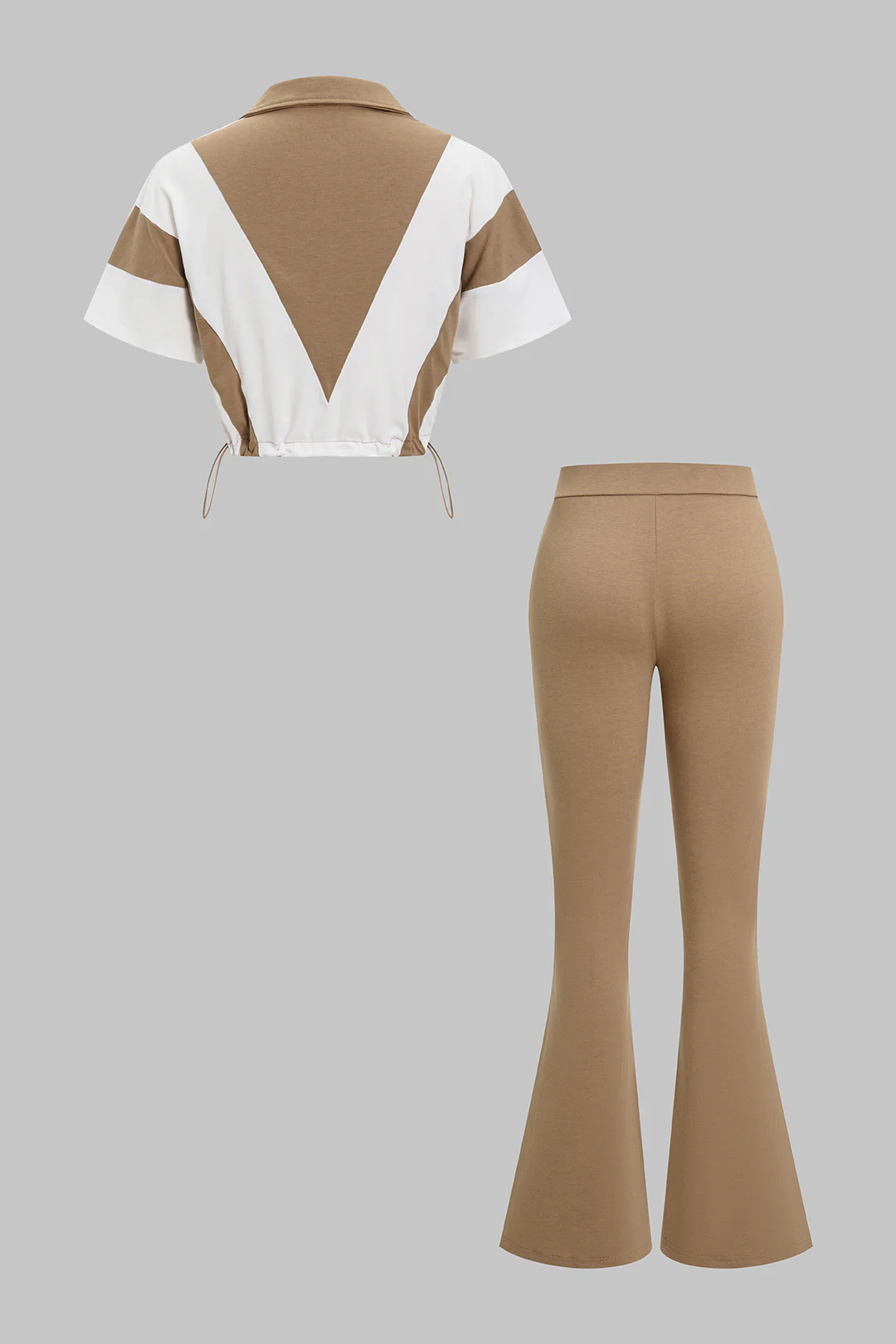 Contrast Print Lapel Drawstring Short Sleeve Top And Pants Set - Flockneti