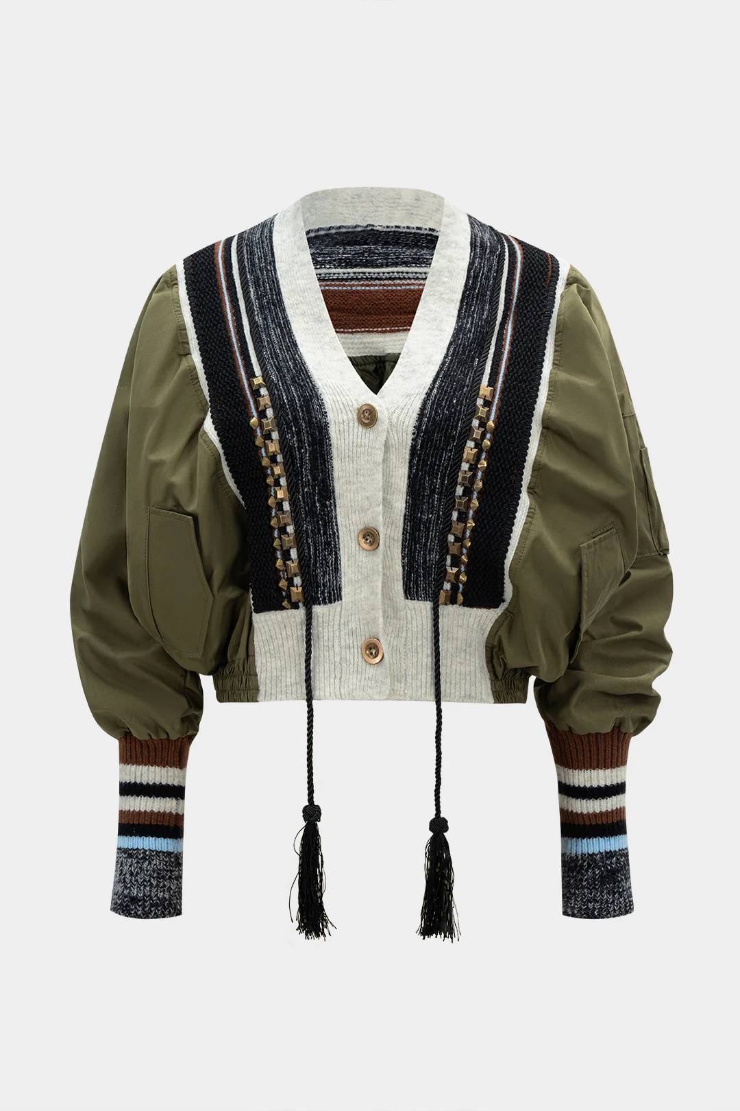 Knit Patchwork V-Neck Studded Fringe Decor Puffer - Flockneti
