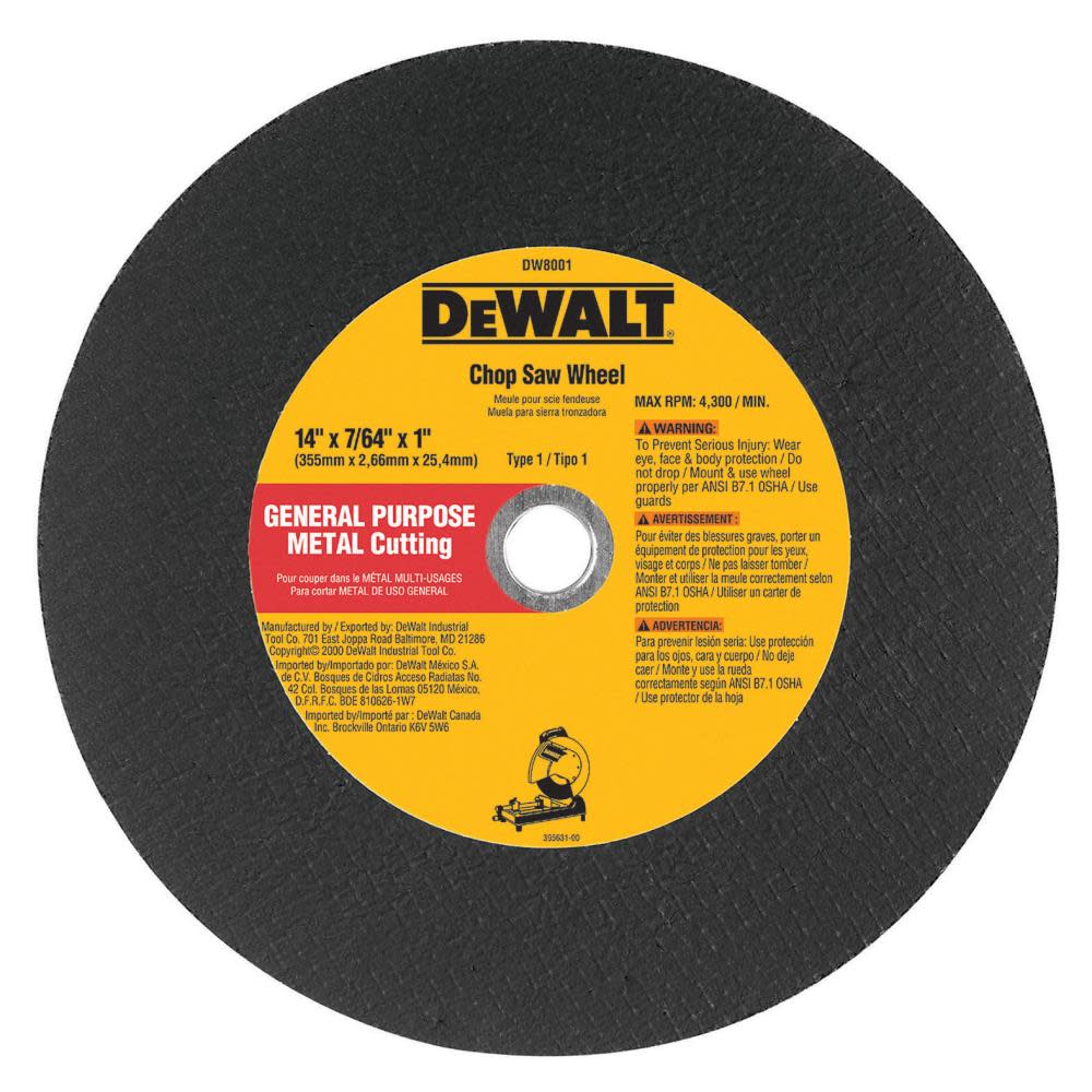 DEWALT 14 In. X7/ 64 In. X7/ 64 In. x 1 In. GP Chop Saw Wheel - Flockneti