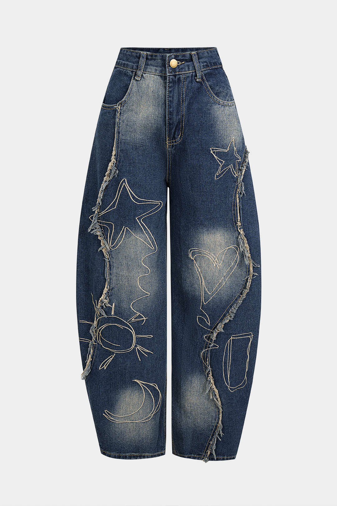 Denim Geometric Pattern Frayed Pocket Straight Leg Jeans - Flockneti