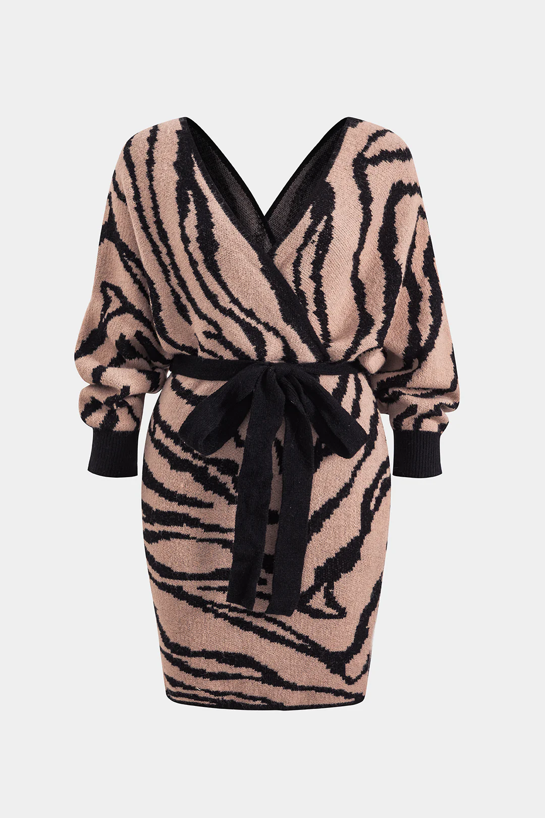 Plus Size Zebra Stripe Print Knit Tie-Up Crossed Long Sleeve Dress - Flockneti