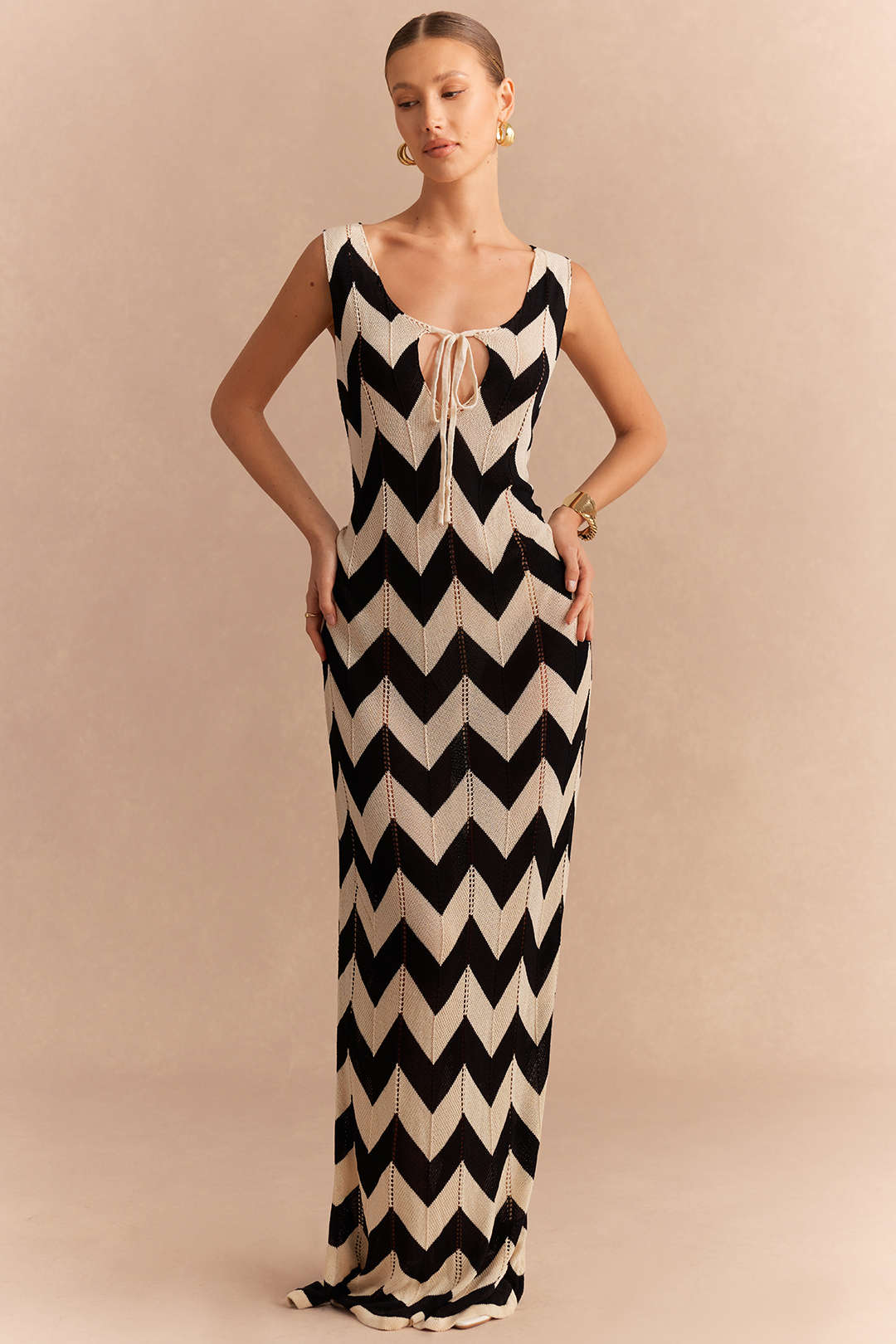 Knit Contrast Tie-Up Sleeveless Dress - Flockneti