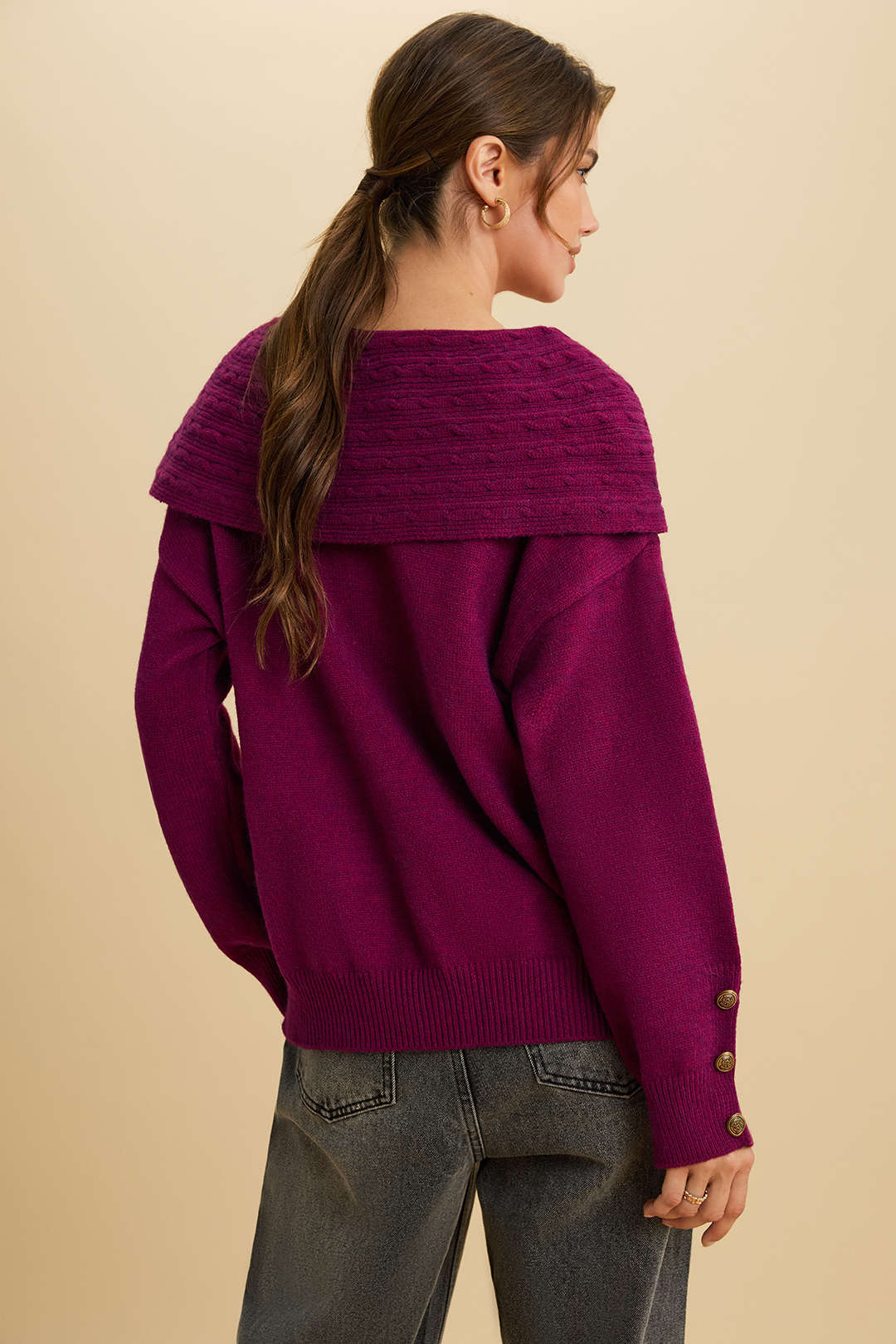 Knit Irregular Lapel Button Long-Sleeve Top - Flockneti