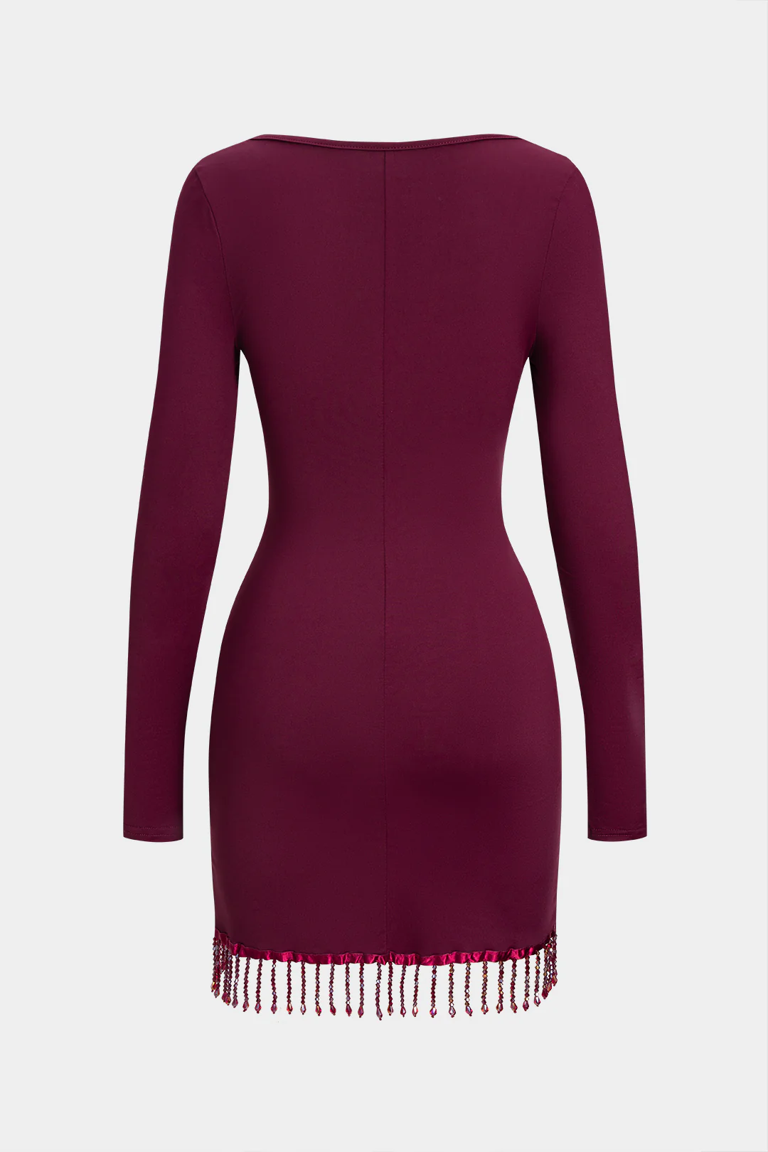 Round Neck Fringe Long Sleeve Mini Dress - Flockneti
