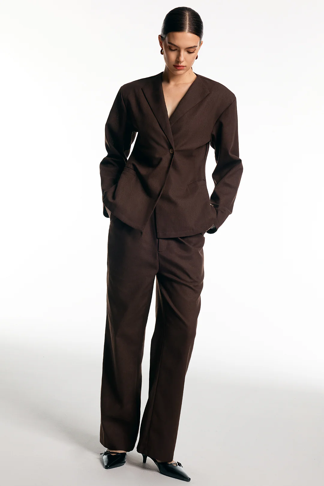 Solid One Button Blazer And Wide Leg Trousers Set - Flockneti