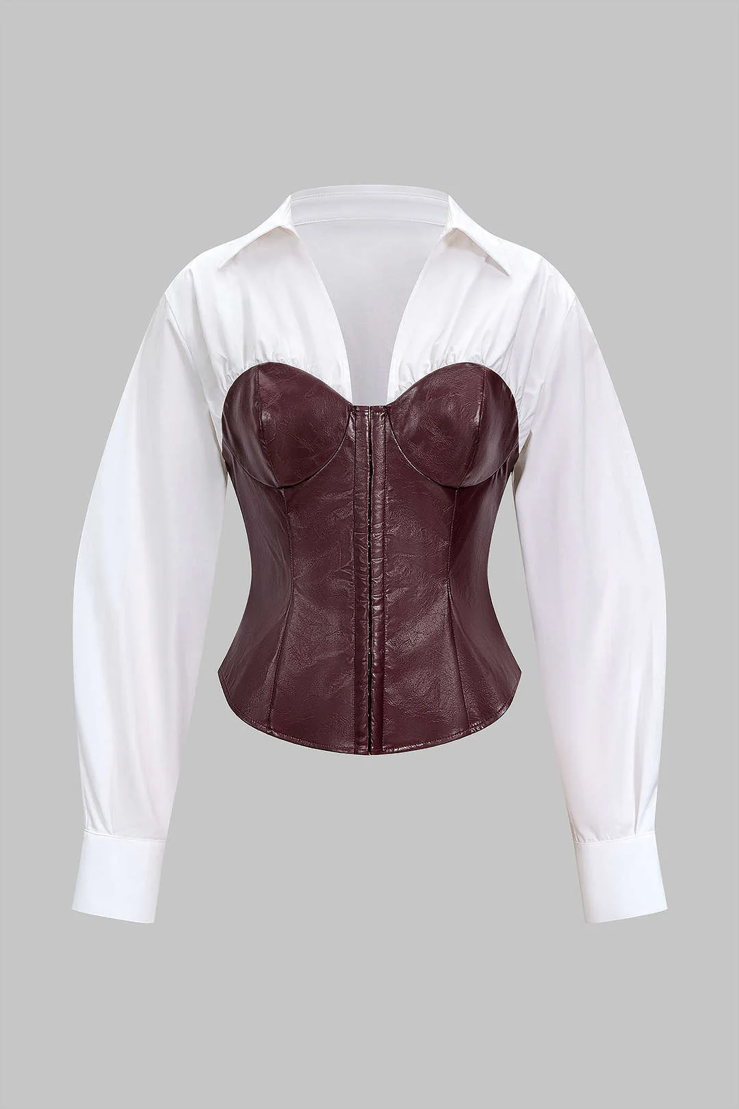Faux Leather Patchwork Hook And Eye Waist-Cinching Long-Sleeve Shirt - Flockneti
