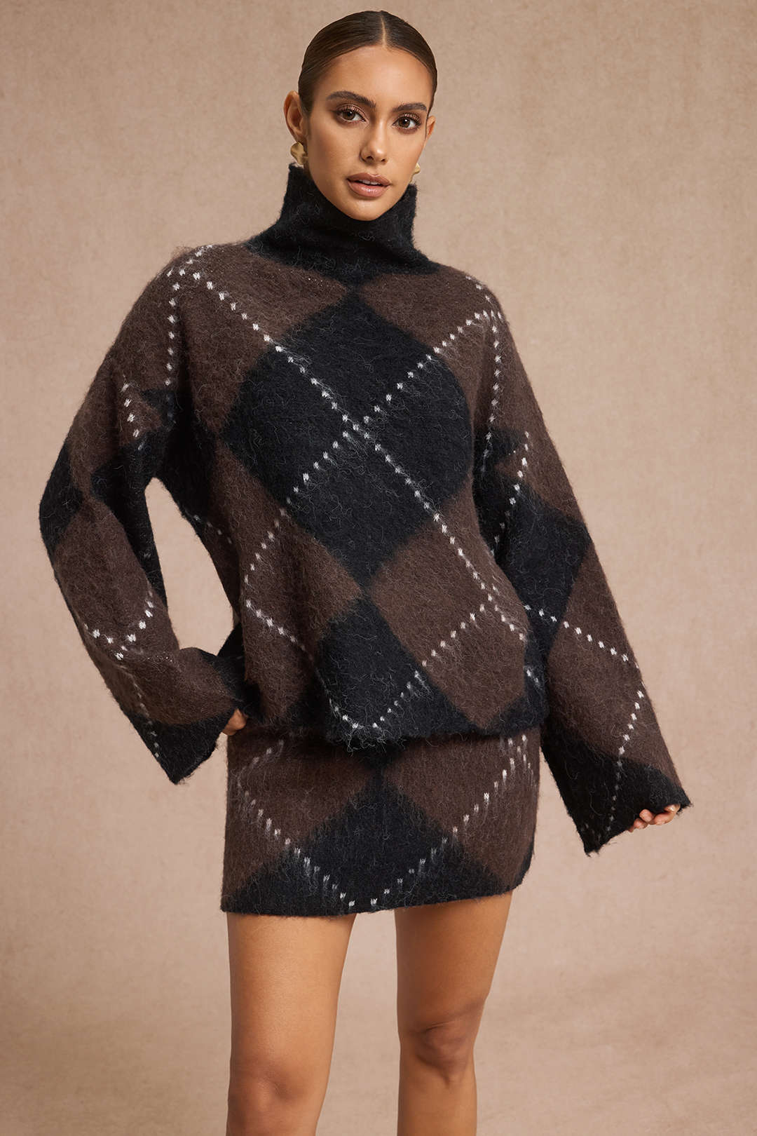 Knit  Argyle Print High Neck Long-Sleeve Top - Flockneti