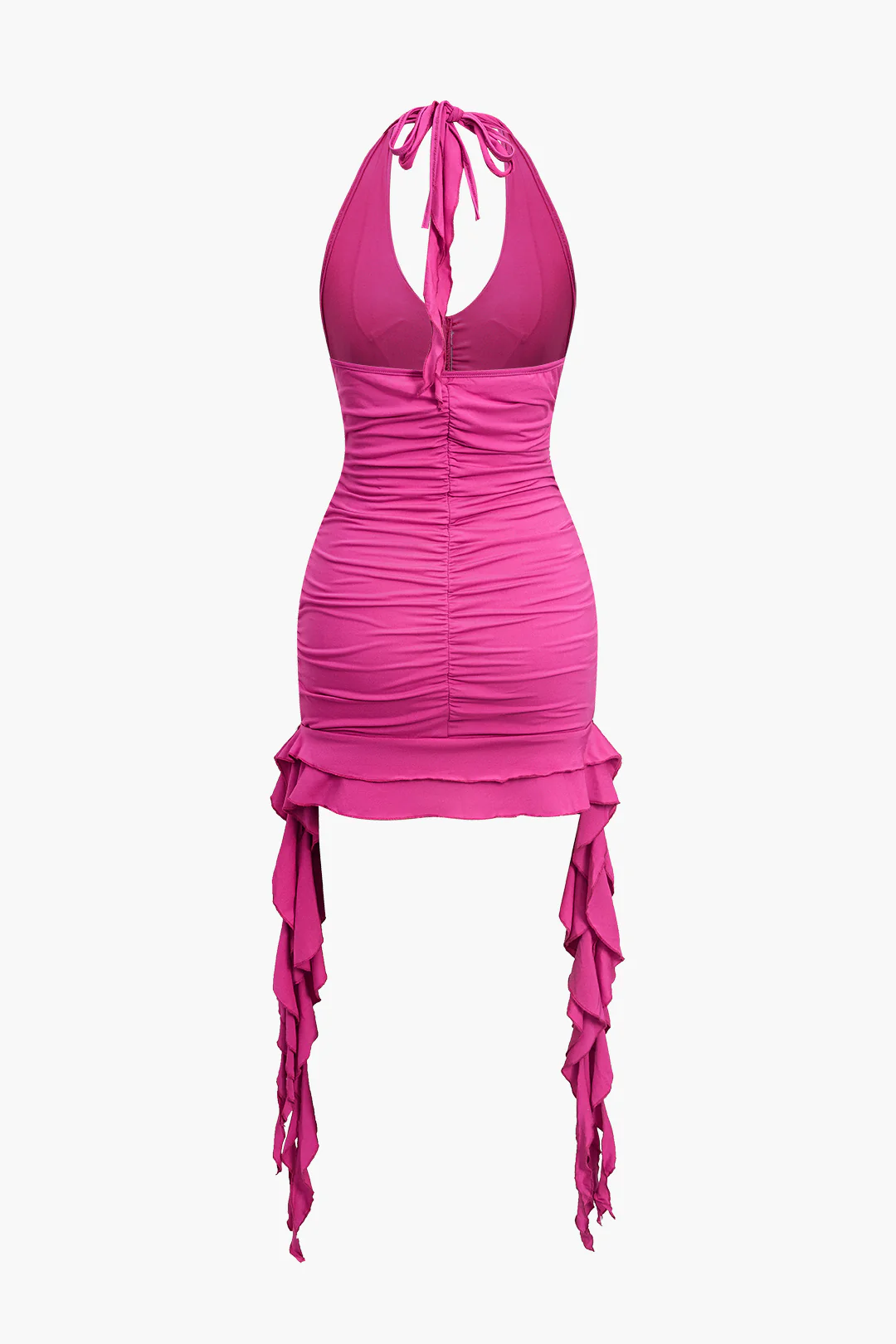 Halter Neck Tie Up Ruched Scallop Edge Backless Sleeveless Mini Dress - Flockneti