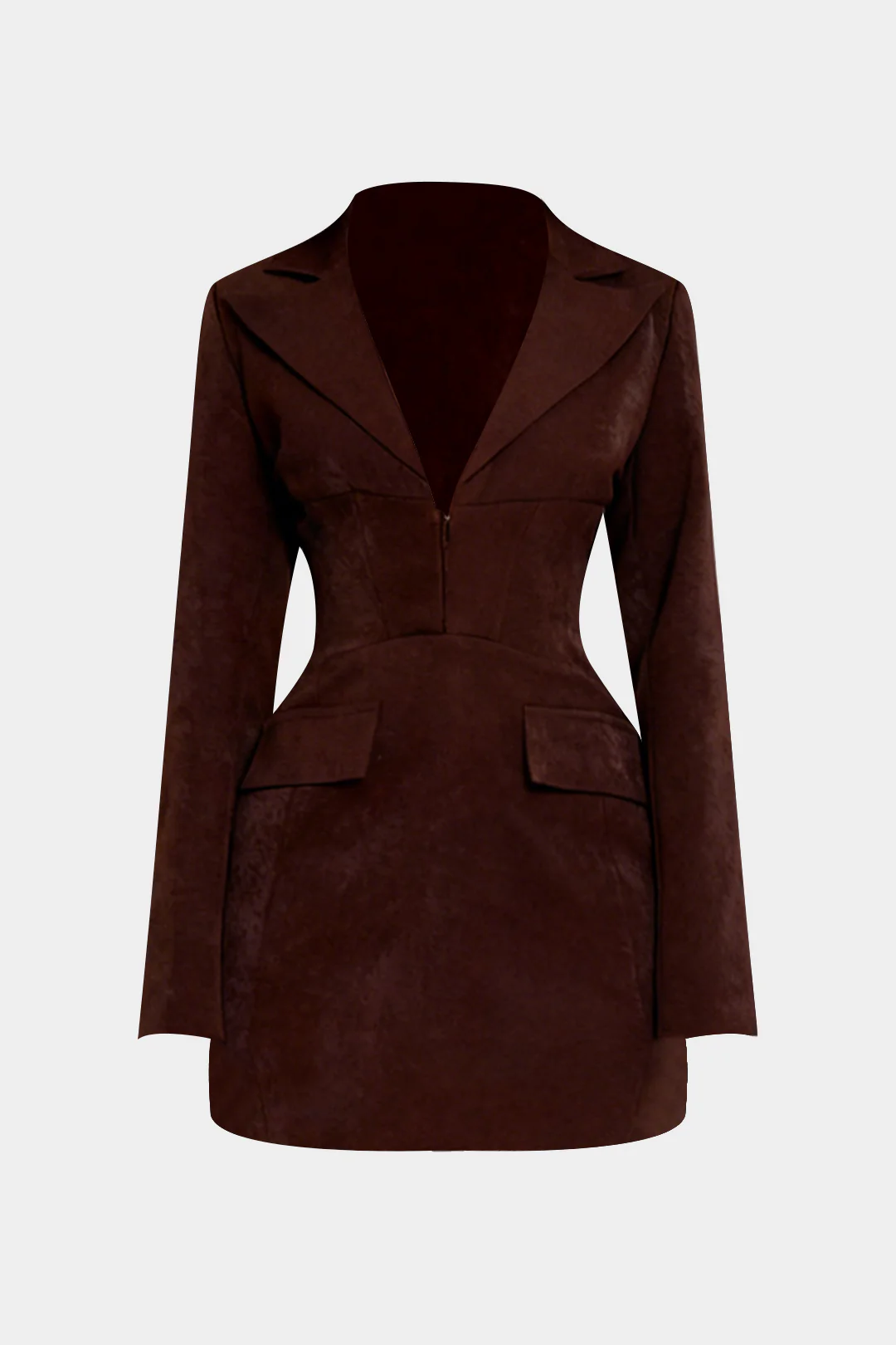 Notched Lapel V-Neck Zipper Long Sleeve Mini Dress - Flockneti