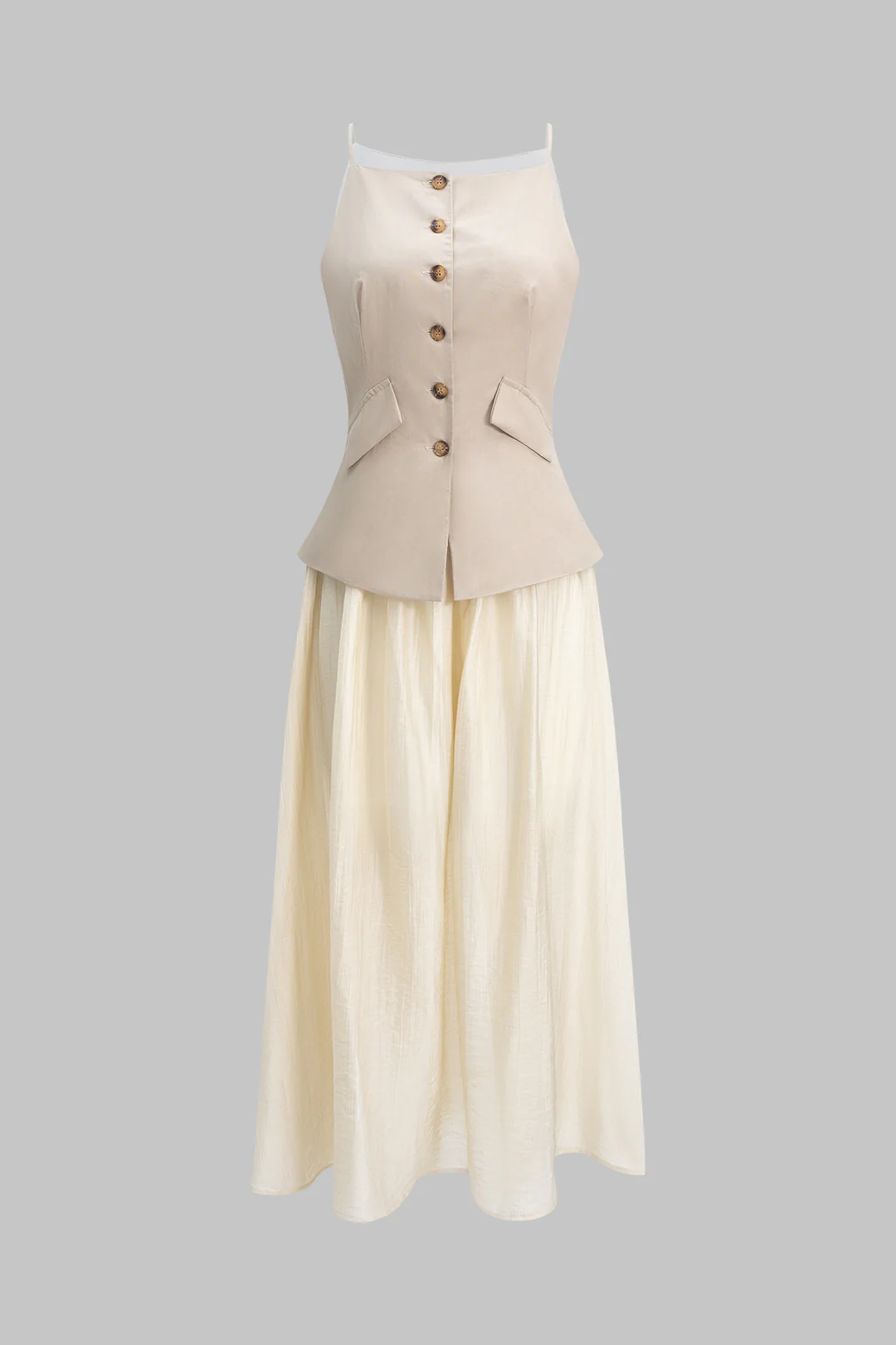Fake Pocket Patchwork Button Ruched Sleeveless Maxi Dress - Flockneti