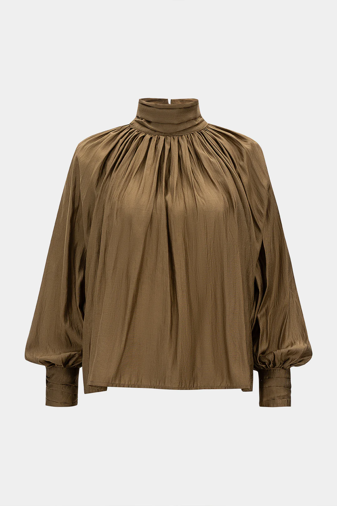 Mock Neck Ruched Button Long-Sleeve Shirt - Flockneti