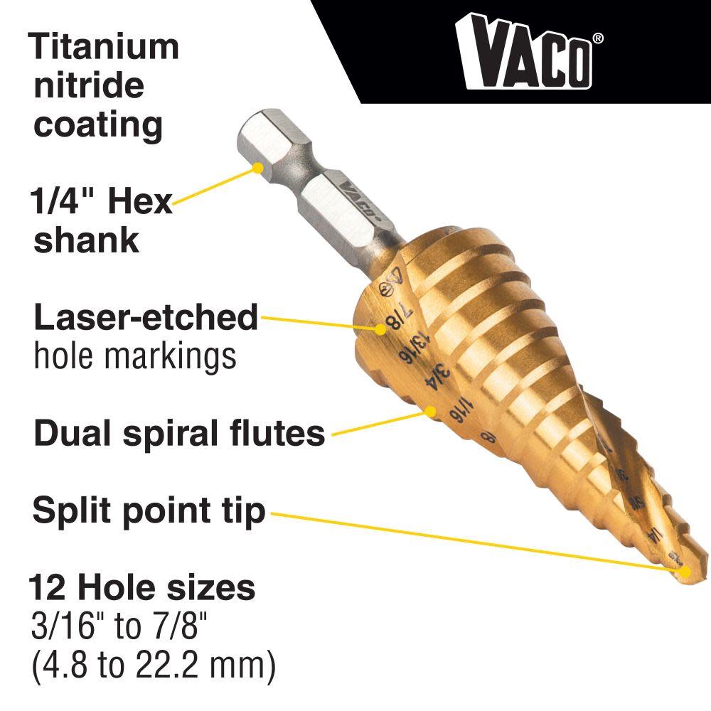 Klein Tools 3/16″ to 7/8″ Step Drill Bit VACO - Flockneti