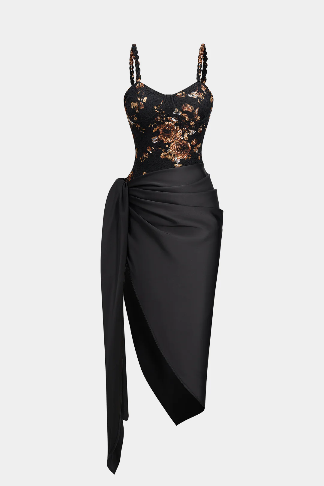 Floral Lace Patchwork Twist Knot Sleeveless Dress And Satin Asymmetrical Tie-Knot Skirt Set - Flockneti