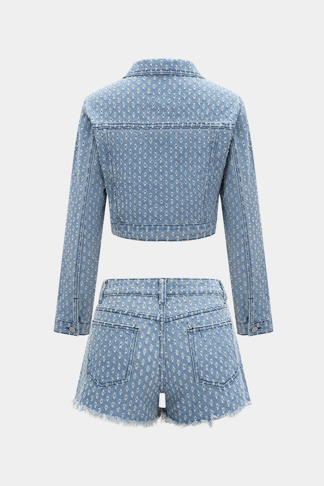 Denim Hollow Out Outerwear And Ripped Shorts Set - Flockneti
