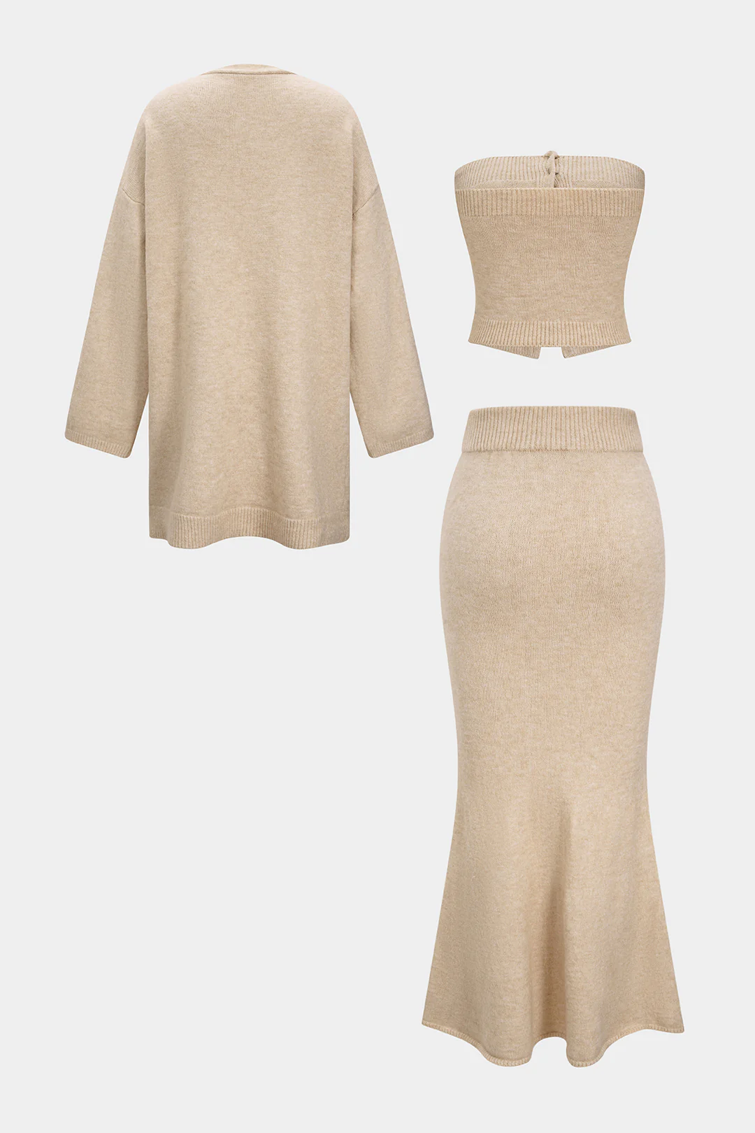 Knit Long Cardigan And Button Strapless Tube Top And Skirt Set - Flockneti