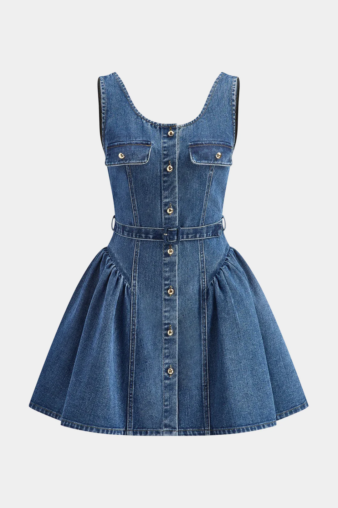 Denim Metallic Button Ruched Square Neck Sleeveless Dress - Flockneti