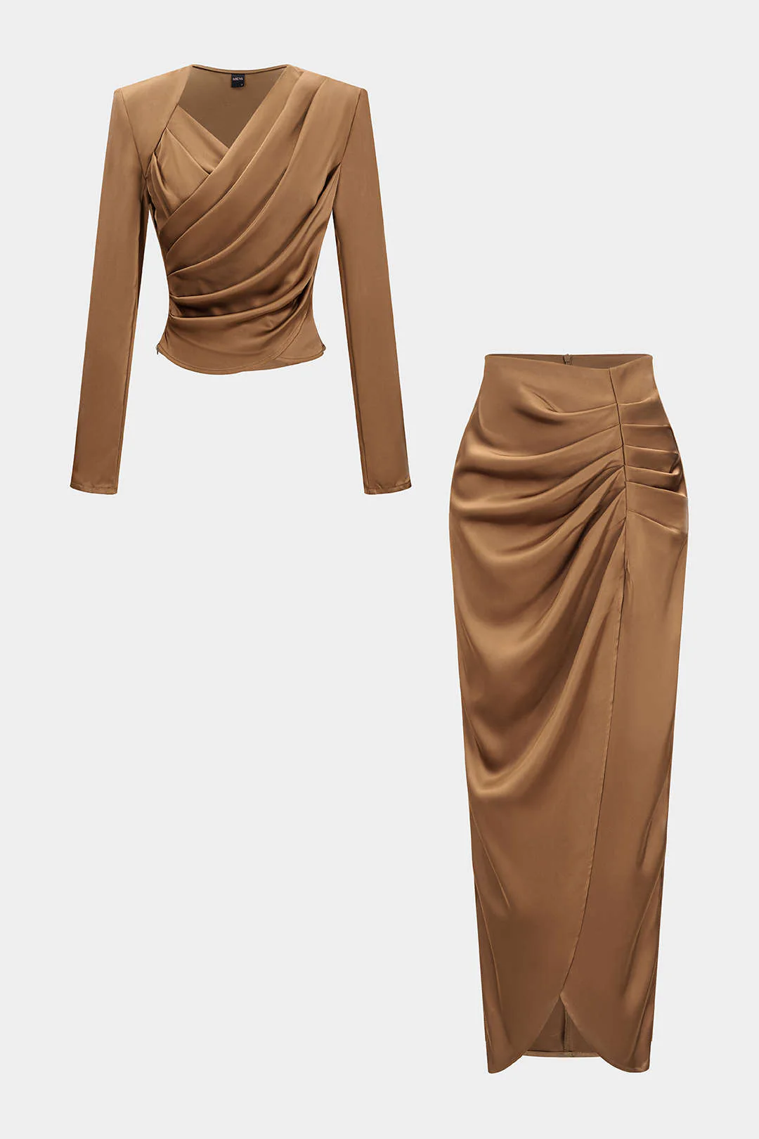 Asymmetrical Neck Ruched Long-Sleeve Top And Skirt Set - Flockneti
