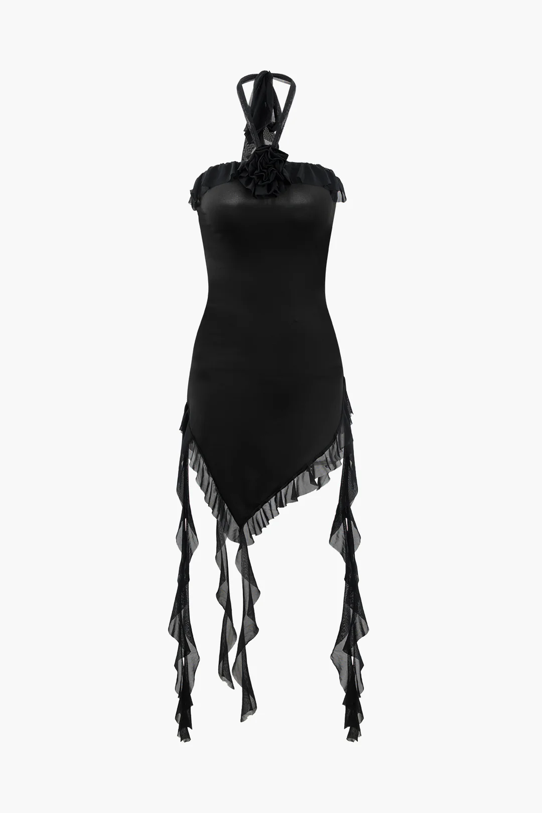 3D Flower Decor Backless Ruffle Halter Neck Sleeveless Mini Dress - Flockneti
