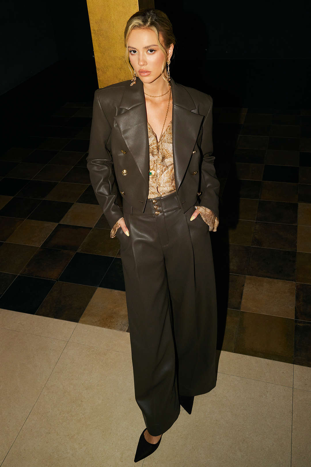 Faux Leather Metallic Button Straight Leg Trousers - Flockneti