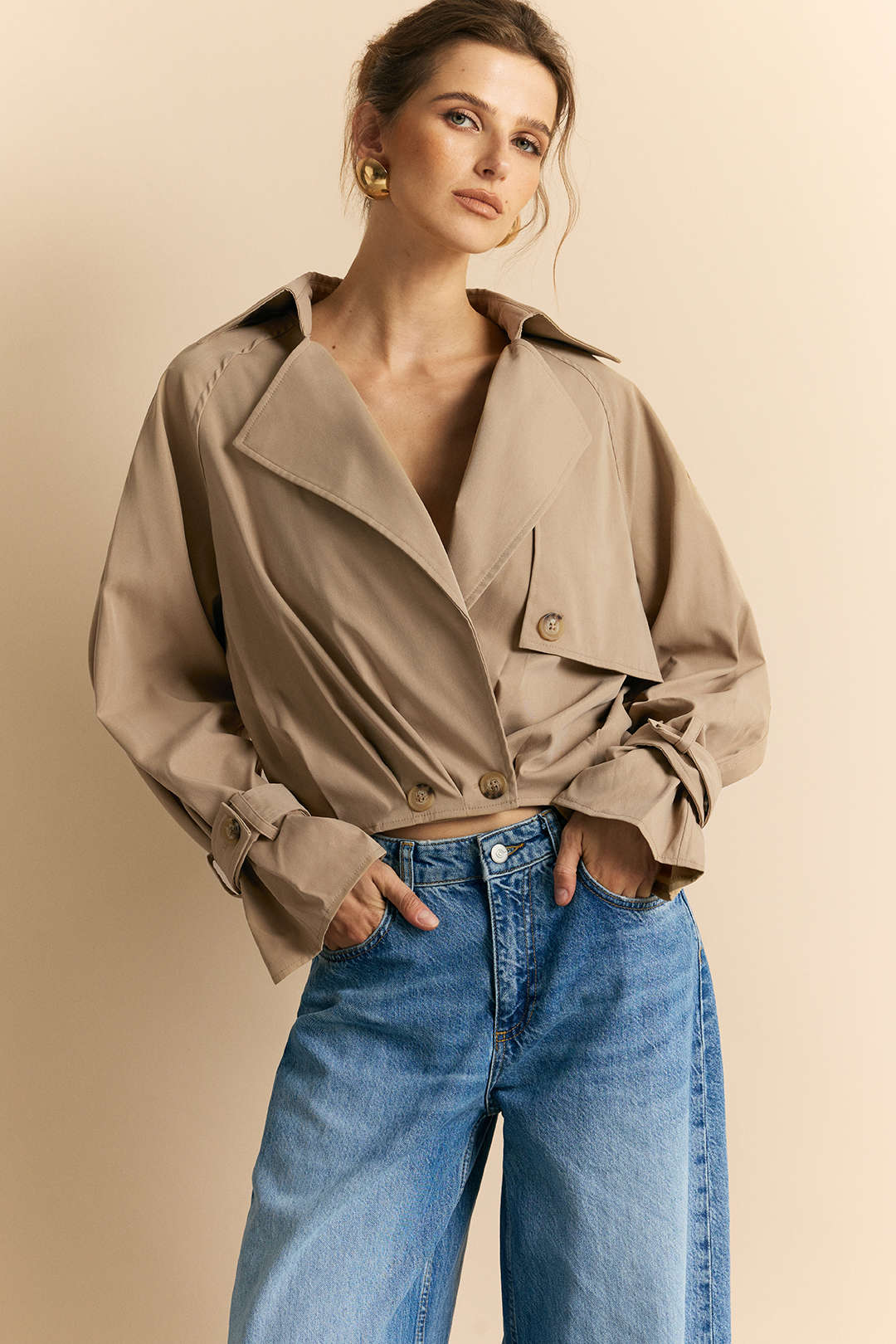 Notched Lapel Button Belts Cropped Jacket - Flockneti