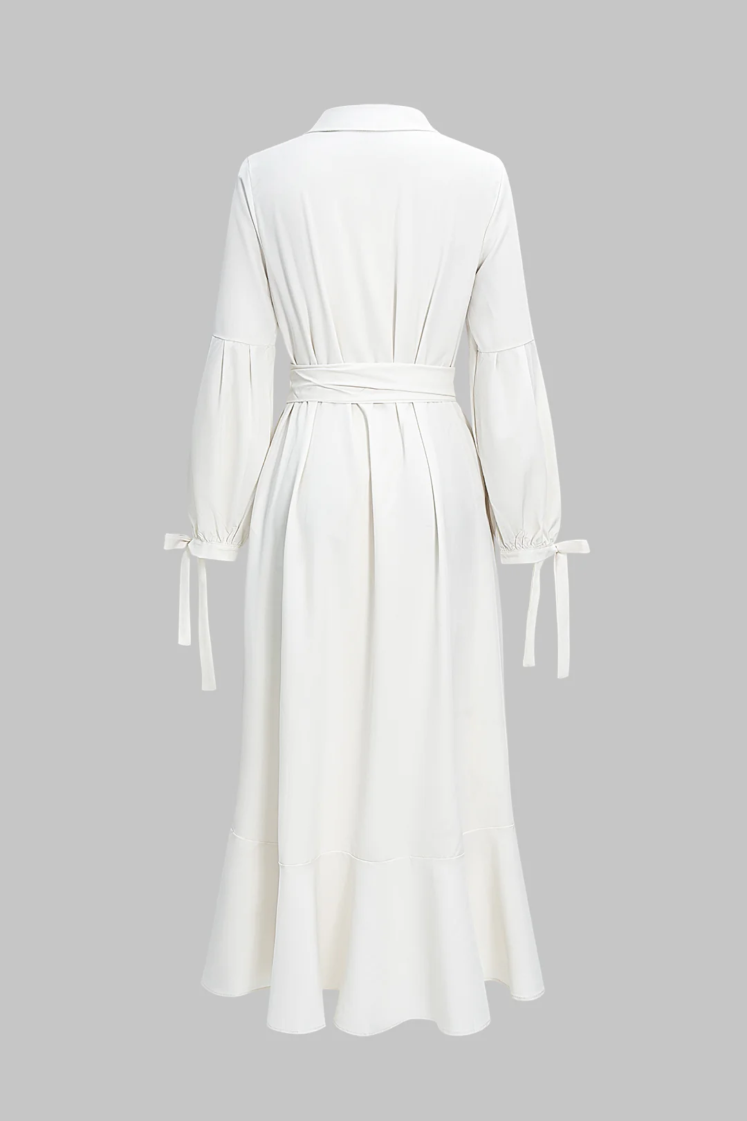 Solid V-Neck Belted Tie-Up Long Sleeve Maxi Dress - Flockneti