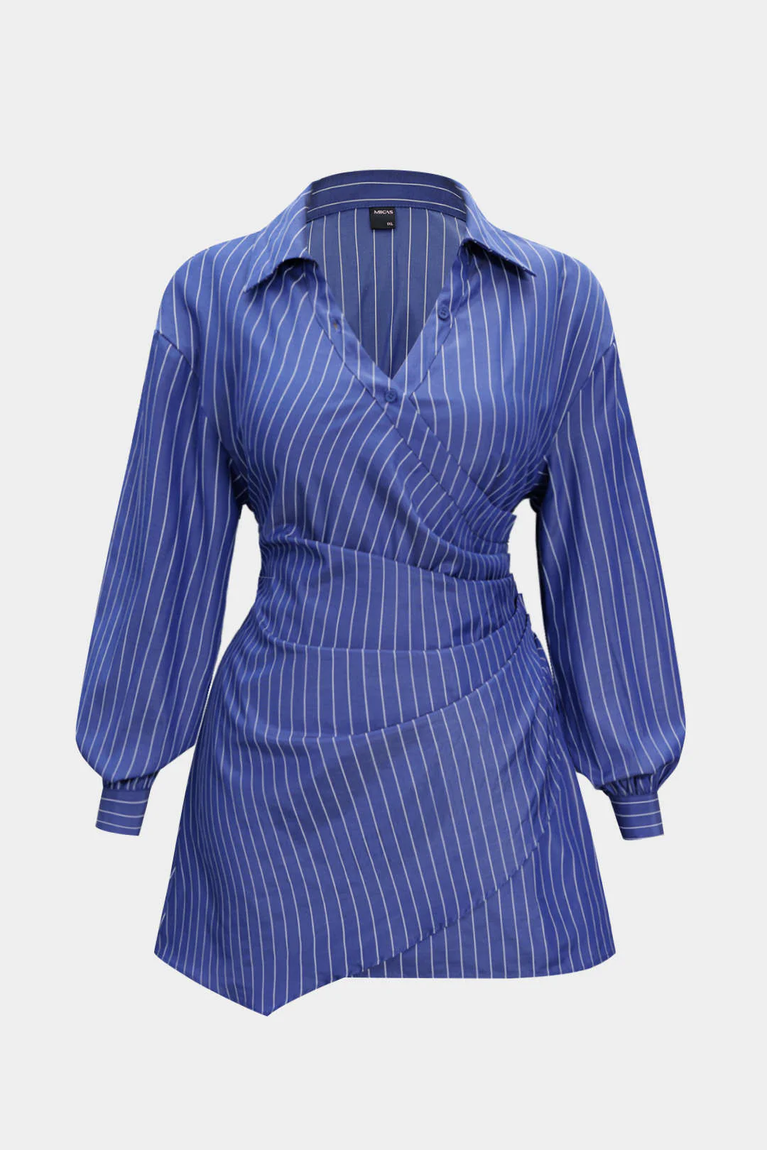 Plus Size Stripes Print Crossed Ruched Smocked Long Sleeve Mini Dress - Flockneti