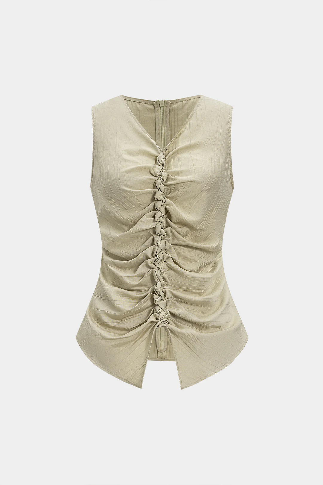 V-Neck Twist Knot Ruched Zipper Tank Top - Flockneti